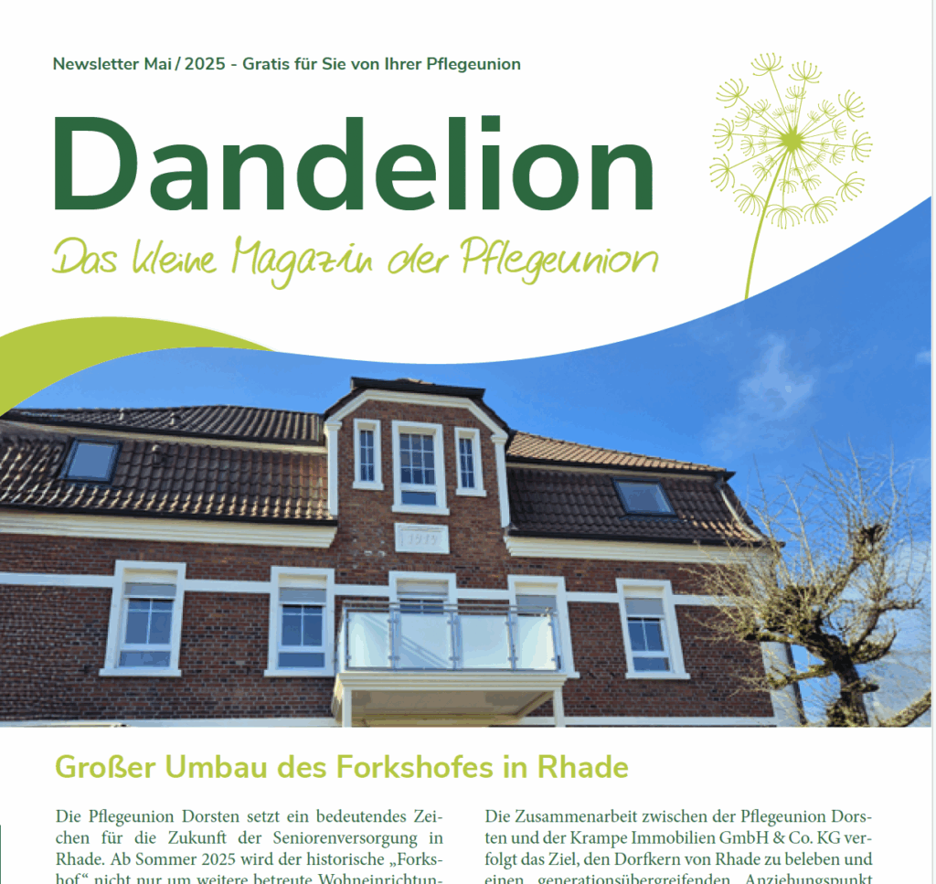Newsletter-Cover in Grün und Weiß mit einem Gebäude und dem Titel "Dandelion".