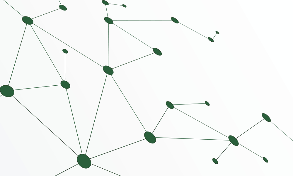 Abstrakte grüne Linien und Kreise auf weißem Hintergrund, die ein Netzwerk bilden.