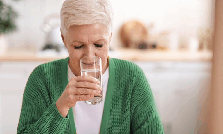 Ältere Person trinkt lächelnd ein Glas Wasser, trägt grüne Strickjacke in heller Küche.