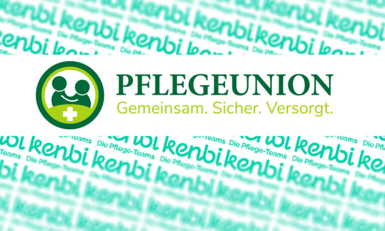Ein grünes Logo der Pflegeunion mit lächelndem Gesicht und Kreuz auf weißem Hintergrund